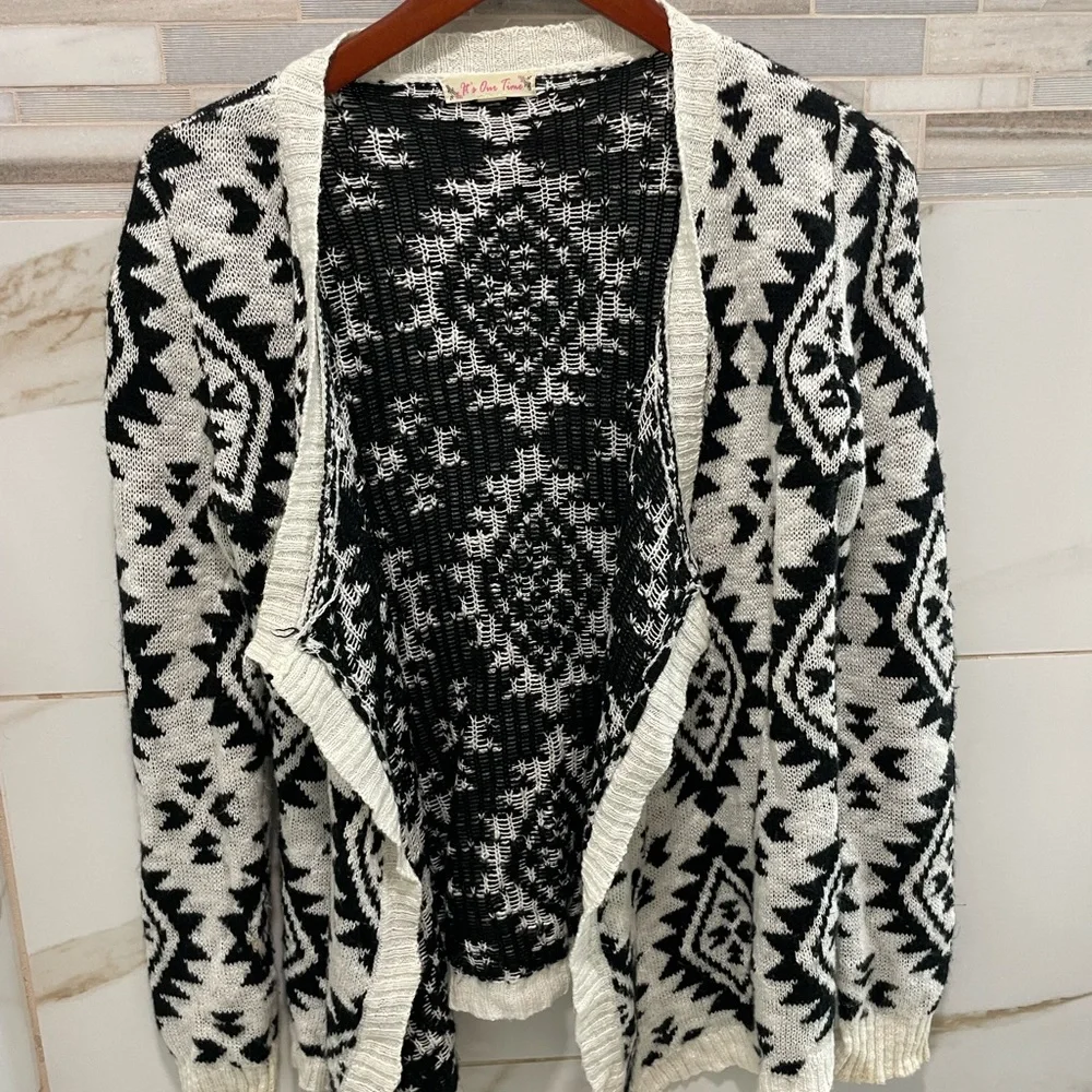 Black & White Aztec Cardigan | Open Front Knit Sweater | Boho Tribal Print M - Picture 9 of 11